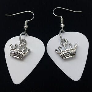 HAND Crafted Princess Crown Earrings Repurposed Guitar Picks Silver Tone